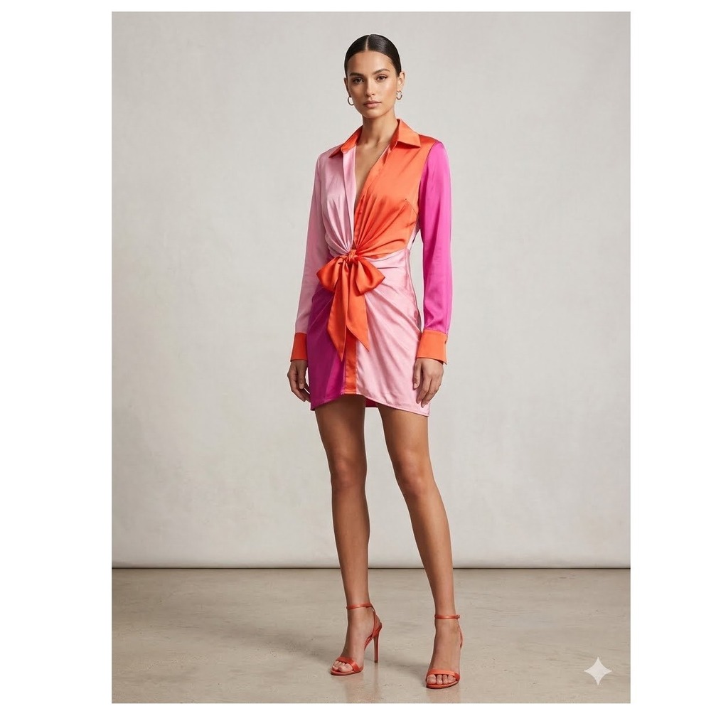 Fashion Nova Colorblock Satin Tie Front Mini Dress Pink Orange Magenta XS NWT